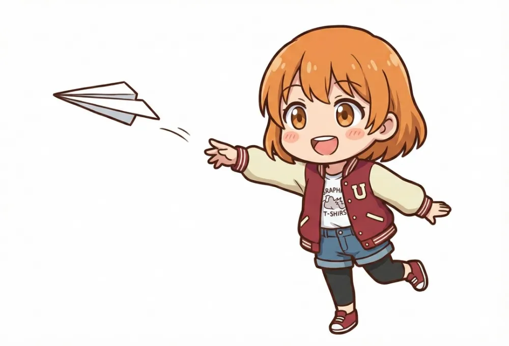 紙飛行機を押し出すように投げる